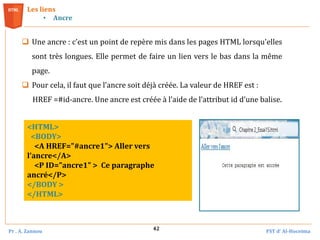Pr . A. Zannou FST d’ Al-Hoceima
42
 Une ancre : c’est un point de repère mis dans les pages HTML lorsqu'elles
sont très longues. Elle permet de faire un lien vers le bas dans la même
page.
 Pour cela, il faut que l’ancre soit déjà créée. La valeur de HREF est :
HREF =#id-ancre. Une ancre est créée à l’aide de l’attribut id d’une balise.
Les liens
• Ancre
<HTML>
<BODY>
<A HREF="#ancre1"> Aller vers
l’ancre</A>
<P ID="ancre1" > Ce paragraphe
ancré</P>
</BODY >
</HTML>
 