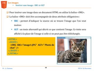 Pr . A. Zannou FST d’ Al-Hoceima
44
 Pour insérer une image dans un document HTML on utilise la balise <IMG>.
 La balise <IMG> doit être accompagnée de deux attributs obligatoires :
 SRC : permet d'indiquer la source où se trouve l'image que l'on veut
insérer.
 ALT : un texte alternatif qui décrit ce que contient l'image. Ce texte sera
affiché à la place de l'image si celle-ci ne peut pas être téléchargée.
Les images
• Insérer une image : SRC et ALT
<HTML>
<BODY>
<IMG SRC="image1.JPG" ALT=" Photo de
chat" />
</BODY >
</HTML>
 