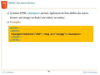 Pr . A. Zannou FST d’ Al-Hoceima
53
 La balise HTML <marquee> permet également de faire défiler des autres
formes: une image/ un flash/ une video/ un audio/ .
 Exemple:
Défiler des autres formes
<HTML>
<BODY>
<marquee behavior="slid"> <img src="cat.jpg"></marquee>
</BODY >
</HTML>
 