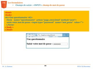 Pr . A. Zannou FST d’ Al-Hoceima
80
Les formulaires
• Champs de saisie : <INPUT>: champ de mot de passe
<html>
<body>
<h2>Une questionnaire <h2>
<form name="questionnaire" action="page_envoi.html" method=“post">
saisir votre mot de passe: <input type="password" name="mot_passe" value="">
</form>
</body >
</html>
 