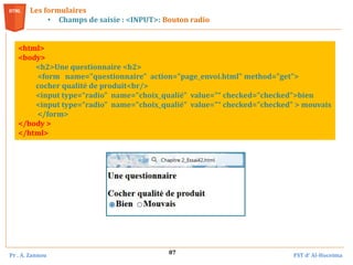 Pr . A. Zannou FST d’ Al-Hoceima
87
Les formulaires
• Champs de saisie : <INPUT>: Bouton radio
<html>
<body>
<h2>Une questionnaire <h2>
<form name="questionnaire" action="page_envoi.html" method="get">
cocher qualité de produit<br/>
<input type=“radio" name="choix_qualié" value="“ checked="checked">bien
<input type=“radio" name="choix_qualié" value="“ checked="checked" > mouvais
</form>
</body >
</html>
 