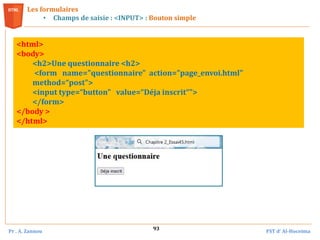 Pr . A. Zannou FST d’ Al-Hoceima
93
Les formulaires
• Champs de saisie : <INPUT> : Bouton simple
<html>
<body>
<h2>Une questionnaire <h2>
<form name="questionnaire" action="page_envoi.html"
method=“post">
<input type=“button" value=“Déja inscrit“">
</form>
</body >
</html>
 
