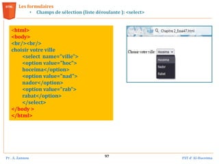 Pr . A. Zannou FST d’ Al-Hoceima
97
Les formulaires
• Champs de sélection (liste déroulante ): <select>
<html>
<body>
<br/><br/>
choisir votre ville
<select name="ville">
<option value="hoc">
hoceima</option>
<option value="nad">
nador</option>
<option value="rab">
rabat</option>
</select>
</body >
</html>
 
