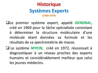 Le premier système expert, appelé DENDRAL,
créé en 1969 pour la tâche spécialisée consistant
à déterminer la structure moléculaire d’une
molécule étant données sa formule et les
résultats de sa spectrométrie de masse.
 Le système MYCIN, créé en 1972, réussissait à
diagnostiquer à un niveau proches des experts
humains et considérablement meilleur que celui
les jeunes médecins.
Historique
Systèmes Experts
(1969-1979)
 