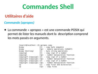 Commandes Shell
Commande (apropos)
● La commande « apropos » est une commande POSIX qui
permet de lister les manuels dont la description comprend
les mots passés en arguments.
Utilitaires d’aide
 