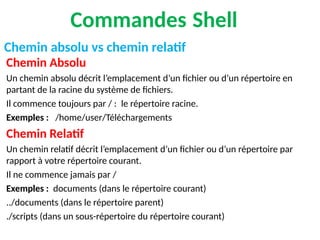 Commandes Shell
Chemin Absolu
Un chemin absolu décrit l’emplacement d’un fichier ou d’un répertoire en
partant de la racine du système de fichiers.
Il commence toujours par / : le répertoire racine.
Exemples : /home/user/Téléchargements
Chemin Relatif
Un chemin relatif décrit l’emplacement d’un fichier ou d’un répertoire par
rapport à votre répertoire courant.
Il ne commence jamais par /
Exemples : documents (dans le répertoire courant)
../documents (dans le répertoire parent)
./scripts (dans un sous-répertoire du répertoire courant)
Chemin absolu vs chemin relatif
 