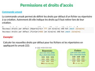 Permissions et droits d’accès
Commande umask
La commande umask permet de définir les droits par défaut d'un fichier ou répertoire
à sa création. Autrement dit elle indique les droits qu'il faut retirer lors de leur
création.
Pour calculer les permissions par défaut en utilisant la méthode binaire:
Exemple:
Calculer les nouvelles droits par défaut pour les fichiers et les répertoires en
appliquant le umask 222:
 