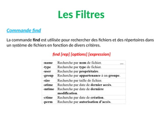 Les Filtres
Commande find
La commande find est utilisée pour rechercher des fichiers et des répertoires dans
un système de fichiers en fonction de divers critères.
find [rep] [options] [expression]
 