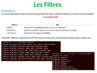 Les Filtres
Commande cut
La commande cut permet d'extraire des portions de texte à partir de fichiers ou d'une entrée standard.
cut [options] file
Exemple: Afficher seulement les N° de Facture et les noms des clients du fichier Suivi_Clients.csv.
Options​ ​
Rôle
​
-f (fields) ​
Sélectionner des champs spécifiques, basés sur le délimiteur
​
-d (delimiter) Spécifier un délimiteur pour les champs (par défaut, le tabulateur est utilisé)
​
-c (characters) ​
Sélectionner des plages de caractères
 