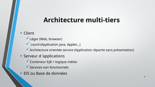 8
Architecture multi-tiers
• Client
Léger (Web, browser)
 Lourd (Application java, Applet...)
Architecture orientée service (Application répartie sans présentation)
• Serveur d ’applications
Conteneur EJB + logique métier
Services non fonctionnels
• EIS ou Base de données
 