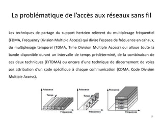 La problématique de l’accès aux réseaux sans fil
Les techniques de partage du support hertzien relèvent du multiplexage fréquentiel
(FDMA, Frequency Division Multiple Access) qui divise l’espace de fréquence en canaux,
du multiplexage temporel (TDMA, Time Division Multiple Access) qui alloue toute la
bande disponible durant un intervalle de temps prédéterminé, de la combinaison de
ces deux techniques (F/TDMA) ou encore d’une technique de discernement de voies
par attribution d’un code spécifique à chaque communication (CDMA, Code Division
Multiple Access).
14
 