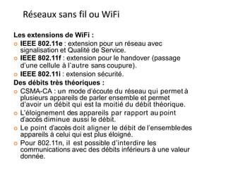 Les extensions de WiFi :
 IEEE 802.11e : extension pour un réseau avec
signalisation et Qualité de Service.
 IEEE 802.11f : extension pour le handover (passage
d’une cellule à l’autre sans coupure).
 IEEE 802.11i : extension sécurité.
Des débits très théoriques :
 CSMA-CA : un mode d’écoute du réseau qui permet à
plusieurs appareils de parler ensemble et permet
d’avoir un débit qui est la moitié du débit théorique.
 L’éloignement des appareils par rapport au point
d’accès diminue aussi le débit.
 Le point d’accès doit aligner le débit de l’ensembledes
appareils à celui qui est plus éloigné.
 Pour 802.11n, il est possible d’interdire les
communications avec des débits inférieurs à une valeur
donnée.
Réseaux sans fil ou WiFi
172
 