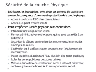 Sécurité de la couche Physique
26
⦁ Les écoutes,les interceptions, le vol direct des données àla source sont
souvent la conséquence d’une mauvaise protection de la couche physique
⦁ Accès à une borne RJ45 d’un commutateur
⦁ Accès à un point d’accès sans fil
⦁ Pour empêcher l’accès physique aux connexions
⦁ Introduire une coupure sur le lien
⦁ Fermer administrativement les ports qui ne sont pas reliés à un
ordinateur
⦁ Organiser le câblage en fonction des mouvements internes des
employés (bureaux)
⦁ l’activation ou à la désactivation des ports sur l’équipement de
raccordement.
⦁ Placer les points d’accès sans fil au plus loin des zones publiques
⦁ Isoler les zones publiques des zones privées
⦁ Mettre à disposition des visiteurs un accès à Internet faiblement
contrôlé grâce à une borne W iFi au rayonnement réduit
 