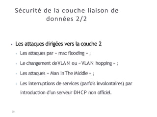 Sécurité de la couche liaison de
données 2/2
28
⦁ Les attaques dirigées vers la couche 2
⦁ Les attaques par « mac flooding » ;
⦁ Le changement deVLAN ou «VLAN hopping » ;
⦁ Les attaques « Man InThe Middle » ;
⦁ Les interruptions de services (parfois involontaires) par
introduction d’un serveur DHCP non officiel.
 