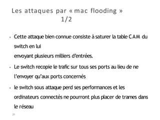 Les attaques par « mac flooding »
1/2
29
⦁ Cette attaque bien connue consiste à saturer la table CAM du
switch en lui
envoyant plusieurs milliers d’entrées.
⦁ Le switch recopie le trafic sur tous ses ports au lieu de ne
l’envoyer qu’aux ports concernés
⦁ le switch sous attaque perd ses performances et les
ordinateurs connectés ne pourront plus placer de trames dans
le réseau
 