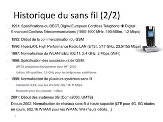 Historique du sans fil (2/2)
1991: Spécifications du DECT, Digital Europeen Cordless Telephone  Digital
Enhanced Cordless Telecommunications (1880-1900 MHz, 100-500m, 1.2 Mbps)
1992: Début de la commercialisation du GSM
1996: HiperLAN, High Performance Radio LAN (ETSI, 5/17 GHz, 23.5/155 Mbps)
1997: Normalisation du WLAN IEEE 802.11, 2.4 GHz, 2 Mbps (WiFi)
1998: Spécification des successeurs de GSM:
UMTS proposition Européenne pour IMT-2000
Iridium: 66 satellites, 1,6 GHz pour les téléphones satellitaires
1999: Normalisation de plusieurs systèmes sans fil
Standards IEEE pour les WLANs: 802,11b 11 Mbps
Bluetooth pour les piconets, 1 Mbps
2001: Début des systèmes 3G (Cdma2000, UMTS)
Depuis 2002: Normalisation de réseaux sans fil à haute capacité (LTE pour 4G, 5G études
en cours, 802.16 WiMAX pour les WMAN, WiFi hauts débits…)
6
 