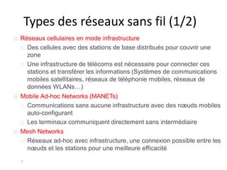 Types des réseaux sans fil (1/2)
7
Réseaux cellulaires en mode infrastructure
Des cellules avec des stations de base distribués pour couvrir une
zone
Une infrastructure de télécoms est nécessaire pour connecter ces
stations et transférer les informations (Systèmes de communications
mobiles satellitaires, réseaux de téléphonie mobiles, réseaux de
données WLANs…)
Mobile Ad-hoc Networks (MANETs)
Communications sans aucune infrastructure avec des nœuds mobiles
auto-configurant
Les terminaux communiquent directement sans intermédiaire
Mesh Networks
Réseaux ad-hoc avec infrastructure, une connexion possible entre les
nœuds et les stations pour une meilleure efficacité
 