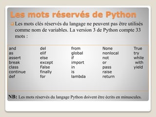 Les mots réservés de Python
 Les mots clés réservés du langage ne peuvent pas être utilisés
comme nom de variables. La version 3 de Python compte 33
mots :
and del from None True
as elif global nonlocal try
assert else if not while
break except import or with
class False in pass yield
continue finally is raise
def for lambda return
NB: Les mots réservés du langage Python doivent être écrits en minuscules.
 
