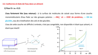 3.2. Isotherme et états de l’eau dans un aliment
1) Pour 0 < aw < 0.2:
L’eau fortement liée (eau retenue) : à la surface de molécules de soluté sous forme d’une couche
monomoléculaire d’eau fixée sur des groupes polaires : ‐‐‐NH3
+ et ‐‐‐ COO- de protéines, ‐‐‐ OH de
glucides, eau de cristallisation des sels et des glucides.
L’eau de cette couche est difficile à enlevée, n’est pas congelable, non disponible ni étant que solvant, ni
étant que réactif.
 