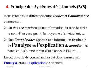 Nous retenons la différence entre donnée et Connaissance
comme suit :
➢ Un donnée représente une information du monde réel :
le nom d’un enseignant, la moyenne d’un étudiant, …
➢ Une Connaissance apporte une information résultante
de l’analyse ou l’explication de données : les
notes en ED s’améliorent d’une année à l’autre, …
La découverte de connaissances est donc assurée par
l’analyse et/ou l’explication de données.
24/01/2022 Dr. Mohamed Mkaouar 14
4. Principe des Systèmes décisionnels (3/3)
 