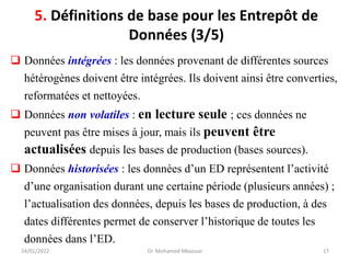 ❑ Données intégrées : les données provenant de différentes sources
hétérogènes doivent être intégrées. Ils doivent ainsi être converties,
reformatées et nettoyées.
❑ Données non volatiles : en lecture seule ; ces données ne
peuvent pas être mises à jour, mais ils peuvent être
actualisées depuis les bases de production (bases sources).
❑ Données historisées : les données d’un ED représentent l’activité
d’une organisation durant une certaine période (plusieurs années) ;
l’actualisation des données, depuis les bases de production, à des
dates différentes permet de conserver l’historique de toutes les
données dans l’ED.
24/01/2022 Dr. Mohamed Mkaouar 17
5. Définitions de base pour les Entrepôt de
Données (3/5)
 