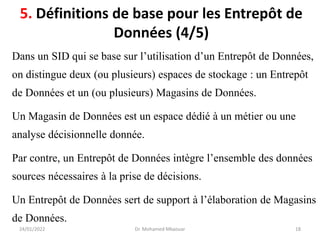 Dans un SID qui se base sur l’utilisation d’un Entrepôt de Données,
on distingue deux (ou plusieurs) espaces de stockage : un Entrepôt
de Données et un (ou plusieurs) Magasins de Données.
Un Magasin de Données est un espace dédié à un métier ou une
analyse décisionnelle donnée.
Par contre, un Entrepôt de Données intègre l’ensemble des données
sources nécessaires à la prise de décisions.
Un Entrepôt de Données sert de support à l’élaboration de Magasins
de Données.
24/01/2022 Dr. Mohamed Mkaouar 18
5. Définitions de base pour les Entrepôt de
Données (4/5)
 
