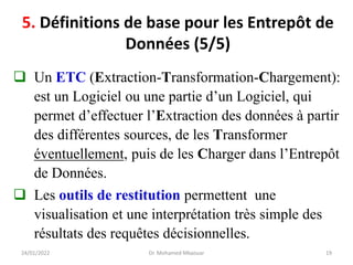 ❑ Un ETC (Extraction-Transformation-Chargement):
est un Logiciel ou une partie d’un Logiciel, qui
permet d’effectuer l’Extraction des données à partir
des différentes sources, de les Transformer
éventuellement, puis de les Charger dans l’Entrepôt
de Données.
❑ Les outils de restitution permettent une
visualisation et une interprétation très simple des
résultats des requêtes décisionnelles.
24/01/2022 Dr. Mohamed Mkaouar 19
5. Définitions de base pour les Entrepôt de
Données (5/5)
 