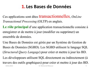 Ces applications sont dites transactionnelles, OnLine
Transactional Processing (OLTP) en anglais.
Le rôle principal d’une application transactionnelle consiste à
enregistrer et de mettre à jour (modifier ou supprimer) un
ensemble de données.
Une Bases de Données est gérée par un Système de Gestion de
Bases de Données (SGBD). Les SGBD utilisent le langage SQL
(Structured Query Langage) pour créer et mettre à jour les BD.
Les développeurs utilisent SQL directement ou indirectement (à
travers des outils graphiques) pour créer et mettre à jour des BD.
24/01/2022 Dr. Mohamed Mkaouar 4
1.Les Bases de Données
 
