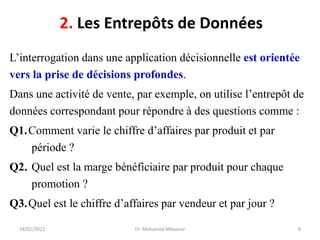 L’interrogation dans une application décisionnelle est orientée
vers la prise de décisions profondes.
Dans une activité de vente, par exemple, on utilise l’entrepôt de
données correspondant pour répondre à des questions comme :
Q1.Comment varie le chiffre d’affaires par produit et par
période ?
Q2. Quel est la marge bénéficiaire par produit pour chaque
promotion ?
Q3.Quel est le chiffre d’affaires par vendeur et par jour ?
24/01/2022 Dr. Mohamed Mkaouar 8
2. Les Entrepôts de Données
 
