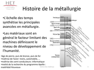 Campus centre
                         Histoire de la métallurgie
  •L'échelle des temps
  synthétise les principales
  avancées en métallurgie.
  •Les matériaux sont en
  général le facteur limitant des
  machines définissent le
  niveau de développement de
  l’humanité.
•âge de pierre, puis de bronze, puis de fer
•maîtrise de l’acier: trains, automobile, …
•maîtrise des semi-conducteurs: informatique
•moitié de la recherche du programme Apollo :
     12/03/2013
matériaux nouveaux                         Science des matériaux   3
 