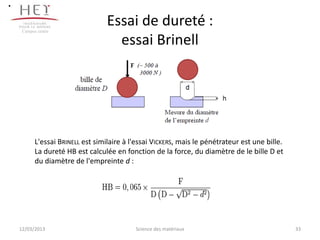 .
     Campus centre
                                   Essai de dureté :
                                     essai Brinell




           L'essai BRINELL est similaire à l'essai VICKERS, mais le pénétrateur est une bille.
           La dureté HB est calculée en fonction de la force, du diamètre de le bille D et
           du diamètre de l'empreinte d :




    12/03/2013                              Science des matériaux                                33
 