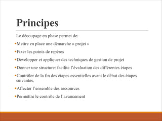 Principes
Le découpage en phase permet de:
§Mettre en place une démarche « projet »
§Fixer les points de repères
§Développer et appliquer des techniques de gestion de projet
§Donner une structure: facilite l’évaluation des différentes étapes
§Contrôler de la fin des étapes essentielles avant le début des étapes
suivantes.
§Affecter l’ensemble des ressources
§Permettre le contrôle de l’avancement
 