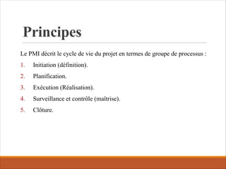 Principes
Le PMI décrit le cycle de vie du projet en termes de groupe de processus :
1. Initiation (définition).
2. Planification.
3. Exécution (Réalisation).
4. Surveillance et contrôle (maîtrise).
5. Clôture.
 
