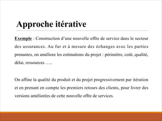 Approche itérative
Exemple : Construction d’une nouvelle offre de service dans le secteur
des assurances. Au fur et à mesure des échanges avec les parties
prenantes, on améliore les estimations du projet : périmètre, coût, qualité,
délai, ressources …..
On affine la qualité du produit et du projet progressivement par itération
et en prenant en compte les premiers retours des clients, pour livrer des
versions améliorées de cette nouvelle offre de services.
 