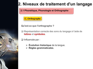 1. Définition et importance du TLN
 Le traitement du langage naturel (TLN) est un domaine
interdisciplinaire de l'intelligence artificielle (IA) et de la
linguistique informatique qui permet aux ordinateurs de:
Comprendre
Interpréter
Générer
 L'objectif est de faciliter l'interaction entre les machines et
les humains en utilisant un langage que nous
comprenons tous les jours.
le langage
humain sous une
forme utilisable
2. Niveaux de traitement d'un langage
Qu'est-ce que l'orthographe ?
 Représentation correcte des sons du langage à l’aide de
lettres et symboles.
 Influencée par :
 Évolution historique de la langue.
 Règles grammaticales.
C. Orthographe
2.1 Phonétique, Phonologie et Orthographe
 