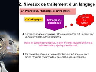 1. Définition et importance du TLN
 Le traitement du langage naturel (TLN) est un domaine
interdisciplinaire de l'intelligence artificielle (IA) et de la
linguistique informatique qui permet aux ordinateurs de:
Comprendre
Interpréter
Générer
 L'objectif est de faciliter l'interaction entre les machines et
les humains en utilisant un langage que nous
comprenons tous les jours.
le langage
humain sous une
forme utilisable
2. Niveaux de traitement d'un langage
 Correspondance univoque : Chaque phonème est transcrit par
un seul symbole, sans exceptions.
Dans un système phonétique, le son /f/ serait toujours écrit de la
même manière, quel que soit le mot.
 En revanche, d'autres, comme l'orthographe française, sont
moins réguliers et comportent de nombreuses exceptions.
2.1 Phonétique, Phonologie et Orthographe
C. Orthographe Orthographe
phonétique
Expliqué
en
python
 