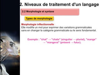 1. Définition et importance du TLN
 Le traitement du langage naturel (TLN) est un domaine
interdisciplinaire de l'intelligence artificielle (IA) et de la
linguistique informatique qui permet aux ordinateurs de:
Comprendre
Interpréter
Générer
 L'objectif est de faciliter l'interaction entre les machines et
les humains en utilisant un langage que nous
comprenons tous les jours.
le langage
humain sous une
forme utilisable
2. Niveaux de traitement d'un langage
Morphologie inflectionnelle :
Elle modifie un mot pour exprimer des variations grammaticales
sans en changer la catégorie grammaticale ou le sens fondamental.
Exemple : "chat" → "chats" (singulier → pluriel), "mange"
→ "mangerai" (présent → futur).
2.2 Morphologie et syntaxe
Types de morphologie
 
