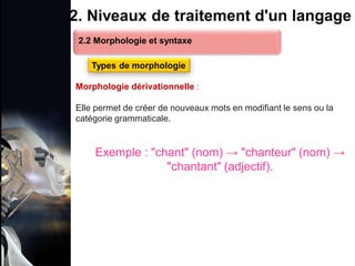 1. Définition et importance du TLN
 Le traitement du langage naturel (TLN) est un domaine
interdisciplinaire de l'intelligence artificielle (IA) et de la
linguistique informatique qui permet aux ordinateurs de:
Comprendre
Interpréter
Générer
 L'objectif est de faciliter l'interaction entre les machines et
les humains en utilisant un langage que nous
comprenons tous les jours.
le langage
humain sous une
forme utilisable
2. Niveaux de traitement d'un langage
Morphologie dérivationnelle :
Elle permet de créer de nouveaux mots en modifiant le sens ou la
catégorie grammaticale.
Exemple : "chant" (nom) → "chanteur" (nom) →
"chantant" (adjectif).
2.2 Morphologie et syntaxe
Types de morphologie
 