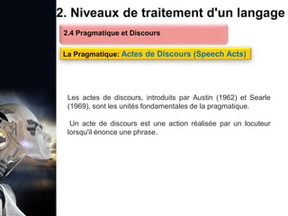 1. Définition et importance du TLN
 Le traitement du langage naturel (TLN) est un domaine
interdisciplinaire de l'intelligence artificielle (IA) et de la
linguistique informatique qui permet aux ordinateurs de:
Comprendre
Interpréter
Générer
 L'objectif est de faciliter l'interaction entre les machines et
les humains en utilisant un langage que nous
comprenons tous les jours.
le langage
humain sous une
forme utilisable
2. Niveaux de traitement d'un langage
2.4 Pragmatique et Discours
La Pragmatique: Actes de Discours (Speech Acts)
Les actes de discours, introduits par Austin (1962) et Searle
(1969), sont les unités fondamentales de la pragmatique.
Un acte de discours est une action réalisée par un locuteur
lorsqu'il énonce une phrase.
 