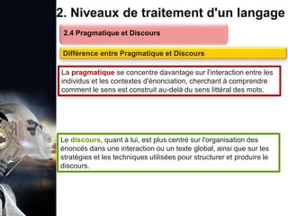 1. Définition et importance du TLN
 Le traitement du langage naturel (TLN) est un domaine
interdisciplinaire de l'intelligence artificielle (IA) et de la
linguistique informatique qui permet aux ordinateurs de:
Comprendre
Interpréter
Générer
 L'objectif est de faciliter l'interaction entre les machines et
les humains en utilisant un langage que nous
comprenons tous les jours.
le langage
humain sous une
forme utilisable
2. Niveaux de traitement d'un langage
2.4 Pragmatique et Discours
Différence entre Pragmatique et Discours
La pragmatique se concentre davantage sur l'interaction entre les
individus et les contextes d'énonciation, cherchant à comprendre
comment le sens est construit au-delà du sens littéral des mots.
Le discours, quant à lui, est plus centré sur l'organisation des
énoncés dans une interaction ou un texte global, ainsi que sur les
stratégies et les techniques utilisées pour structurer et produire le
discours.
 