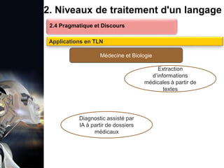 1. Définition et importance du TLN
 Le traitement du langage naturel (TLN) est un domaine
interdisciplinaire de l'intelligence artificielle (IA) et de la
linguistique informatique qui permet aux ordinateurs de:
Comprendre
Interpréter
Générer
 L'objectif est de faciliter l'interaction entre les machines et
les humains en utilisant un langage que nous
comprenons tous les jours.
le langage
humain sous une
forme utilisable
2. Niveaux de traitement d'un langage
2.4 Pragmatique et Discours
Applications en TLN
Médecine et Biologie
Diagnostic assisté par
IA à partir de dossiers
médicaux
Extraction
d’informations
médicales à partir de
textes
 