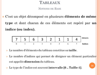  C’est un objet décomposé en plusieurs éléments de même
type et dont chacun de ces éléments est repéré par un
indice (ou index).
 Le nombre d'éléments du tableau constitue sa taille.
 Le nombre d’indices qui permet de désigner un élément particulier
est appelée dimension du tableau.
 Le type de l’indice est souvent intervalle [0 .. Taille-1].
TABLEAUX
NOTIONS DE BASE
22
7 5 6 3 2 1 1 4
éléments
0 1 2 3 4 5 6 7 Indices
 