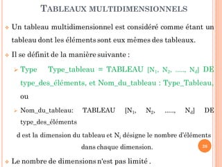  Un tableau multidimensionnel est considéré comme étant un
tableau dont les éléments sont eux mêmes des tableaux.
 Il se définit de la manière suivante :
 Type Type_tableau = TABLEAU [N1, N2, ....., Nd] DE
type_des_éléments, et Nom_du_tableau : Type_Tableau,
ou
 Nom_du_tableau: TABLEAU [N1, N2, ....., Nd] DE
type_des_éléments
d est la dimension du tableau et Ni désigne le nombre d’éléments
dans chaque dimension.
 Le nombre de dimensions n'est pas limité .
TABLEAUX MULTIDIMENSIONNELS
26
 