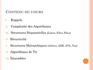 CONTENU DU COURS
I. Rappels
II. Complexité des Algorithmes
III. Structures Séquentielles (Listes, Files, Piles)
IV. Récursivité
V. Structures Hiérarchiques (Arbres, ABR, AVL, Tas)
VI. Algorithmes de Tri
VII. Ensembles
4
 