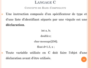  Une instruction composée d’un spécificateur de type et
d’une liste d’identifiant séparés par une virgule est une
déclaration.
int a, b;
double c;
char message[256];
float d=1.5, x ;
 Toute variable utilisée en C doit faire l’objet d’une
déclaration avant d’être utilisée.
LANGAGE C
CONCEPTS DE BASE: COMPOSANTS
53
 