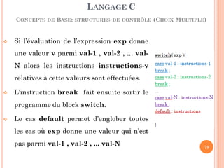  Si l’évaluation de l’expression exp donne
une valeur v parmi val-1 , val-2 , ... val-
N alors les instructions instructions-v
relatives à cette valeurs sont effectuées.
 L’instruction break fait ensuite sortir le
programme du block switch.
 Le cas default permet d’englober toutes
les cas où exp donne une valeur qui n’est
pas parmi val-1 , val-2 , ... val-N
LANGAGE C
CONCEPTS DE BASE: STRUCTURES DE CONTRÔLE (CHOIX MULTIPLE)
79
 
