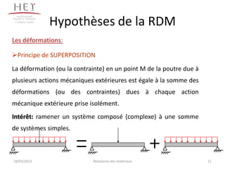 Campus centre
                 Hypothèses de la RDM
Les déformations:

Principe de SUPERPOSITION
La déformation (ou la contrainte) en un point M de la poutre due à
plusieurs actions mécaniques extérieures est égale à la somme des
déformations (ou des contraintes) dues à chaque action
mécanique extérieure prise isolément.
Intérêt: ramener un système composé (complexe) à une somme
de systèmes simples.



18/03/2013                  Résistance des matériaux                 21
 