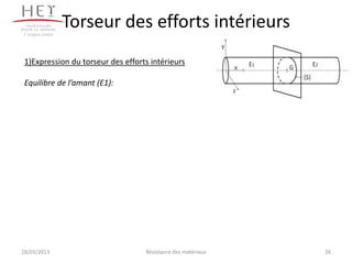 Campus centre
                 Torseur des efforts intérieurs
 1)Expression du torseur des efforts intérieurs

 Equilibre de l’amant (E1):




18/03/2013                         Résistance des matériaux   26
 