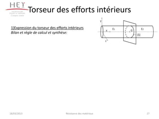 Campus centre
                 Torseur des efforts intérieurs
 1)Expression du torseur des efforts intérieurs
 Bilan et règle de calcul et synthèse:




18/03/2013                         Résistance des matériaux   27
 
