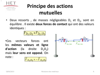 :




     Campus centre
                     Principe des actions
                          mutuelles
    • Deux ressorts , de masses négligeables D1 et D2, sont en
      équilibre . Il existe deux forces de contact qui ont des valeurs
      identiques :


    •Ces vecteurs forces ont
    les mêmes valeurs et ligne
    d'action (la droite D1D2)
    mais leur sens est opposé. On
    note :



    18/03/2013                Résistance des matériaux               8
 